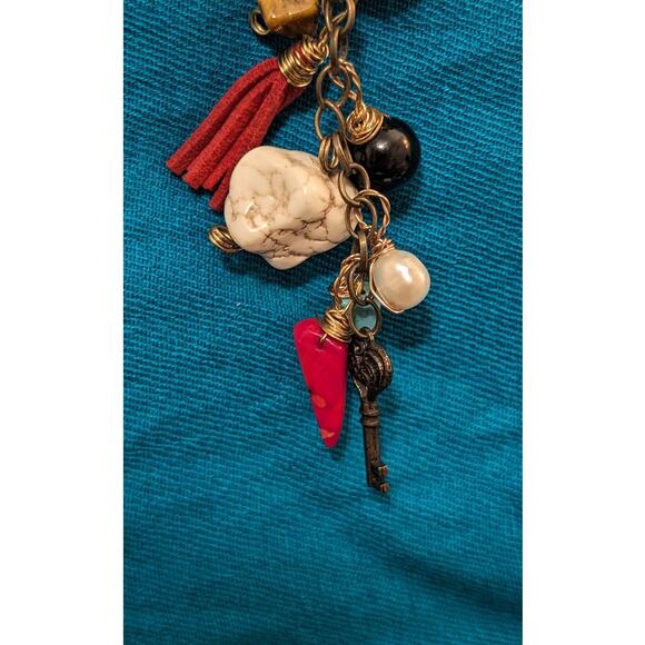 Artisan Cord with Heart, Stone, Tassel, Key and Other Charms Cluster Necklace - Picture 6 of 8